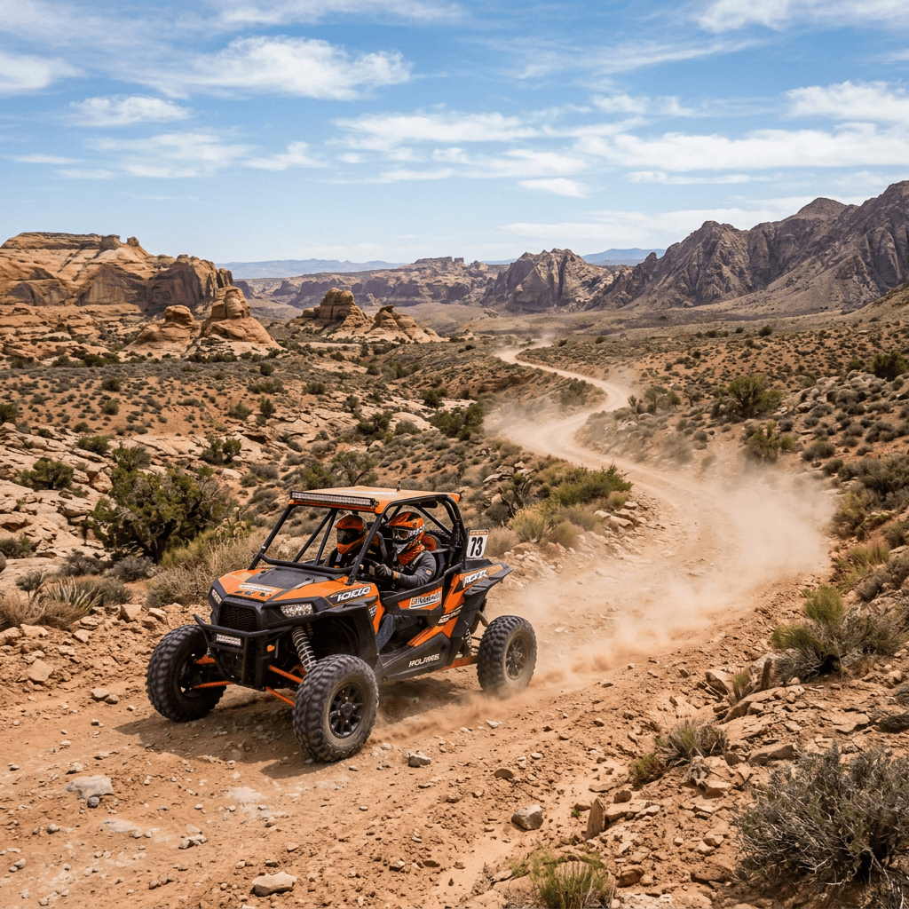 Desert off-road adventure with dune buggy - UTVSpot.net Two people in an orange and black dune buggy driving on a dusty dirt trail in a rocky desert landscape